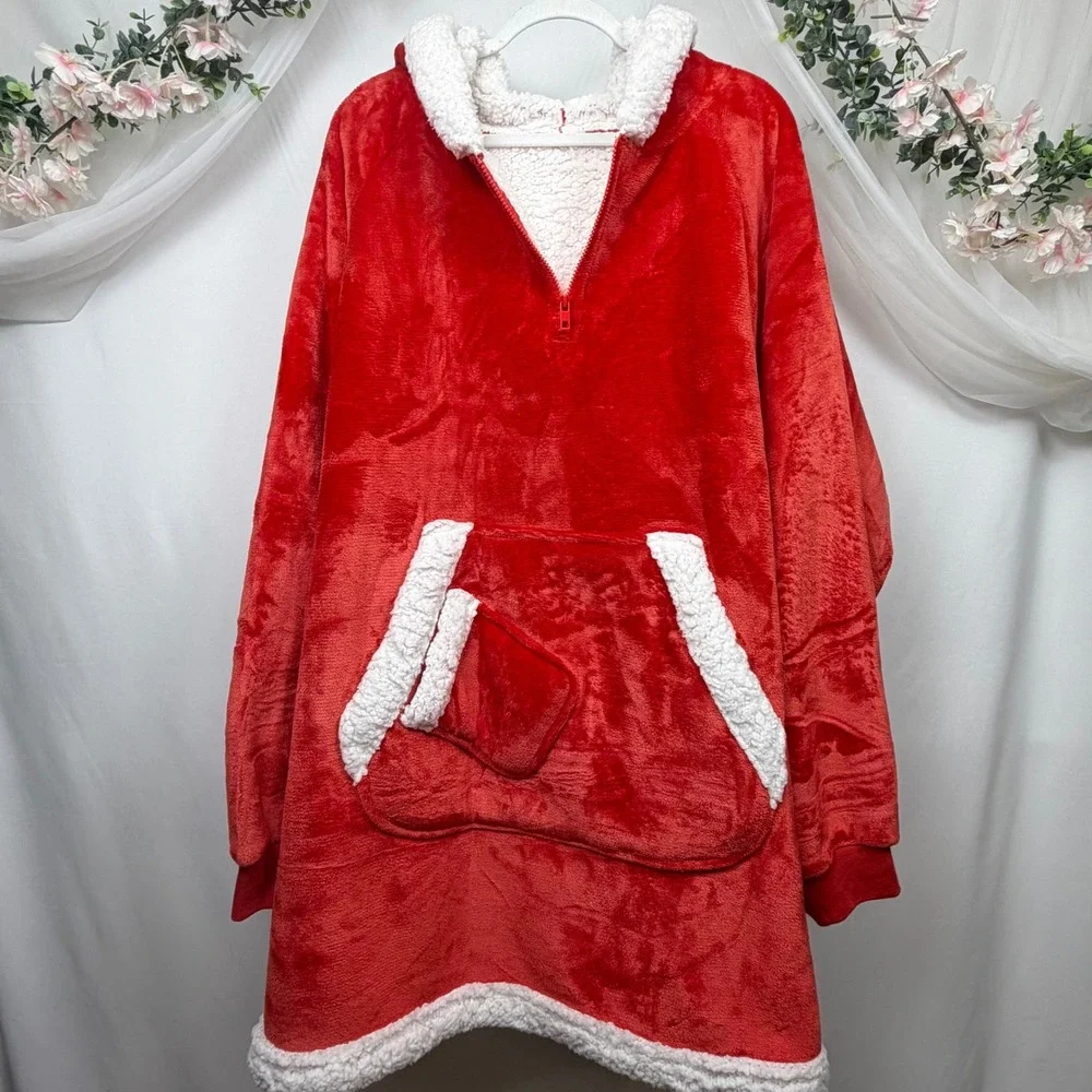 Red Sherpa Lined Oversized Wearable Blanket Hoodie Quarter Zip Fleece Pullover